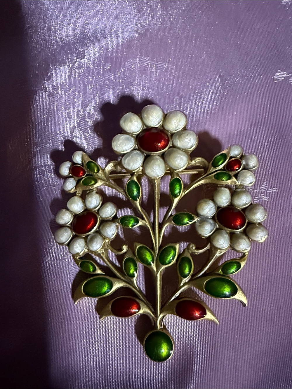 Vintage Floral Enamel Brooch in Red, Green & Pearl